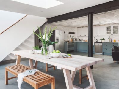Wooden dining table and bench