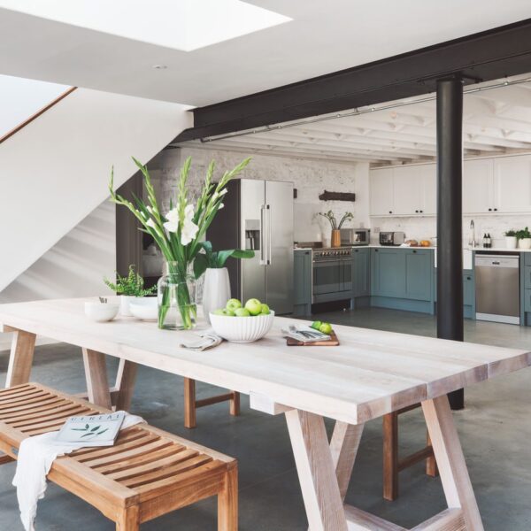 Wooden dining table and bench